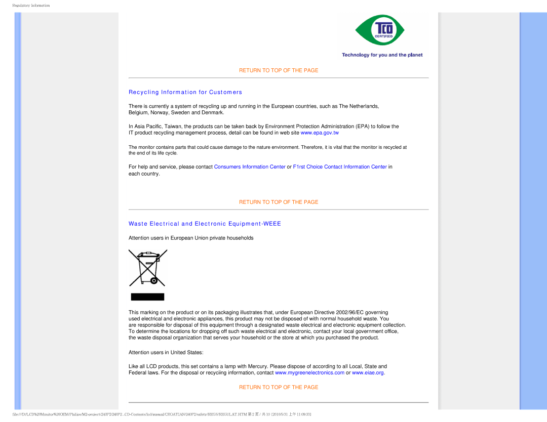 ProForm 240P2 manual Recycling Information for Customers, Waste Electrical and Electronic Equipment-WEEE 