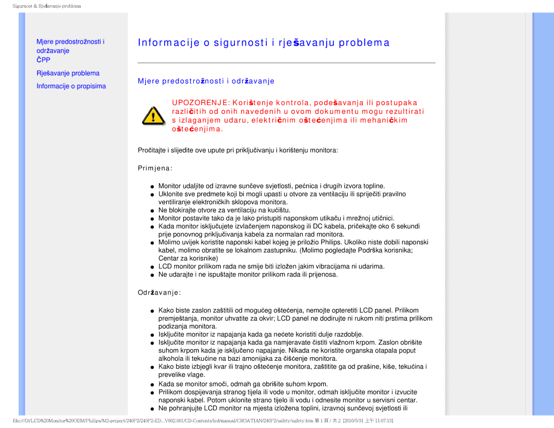 ProForm 240P2 Informacije o sigurnosti i rješavanju problema, Mjere predostrožnosti i održavanje, Primjena, Održavanje 