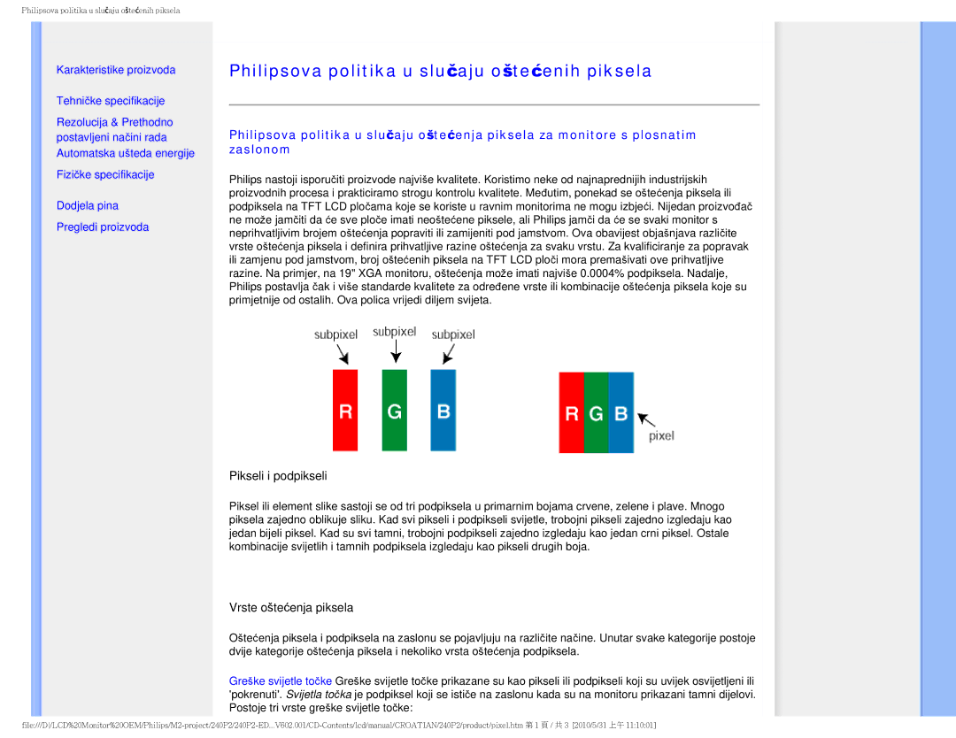 ProForm 240P2 manual Philipsova politika u slučaju oštećenih piksela 