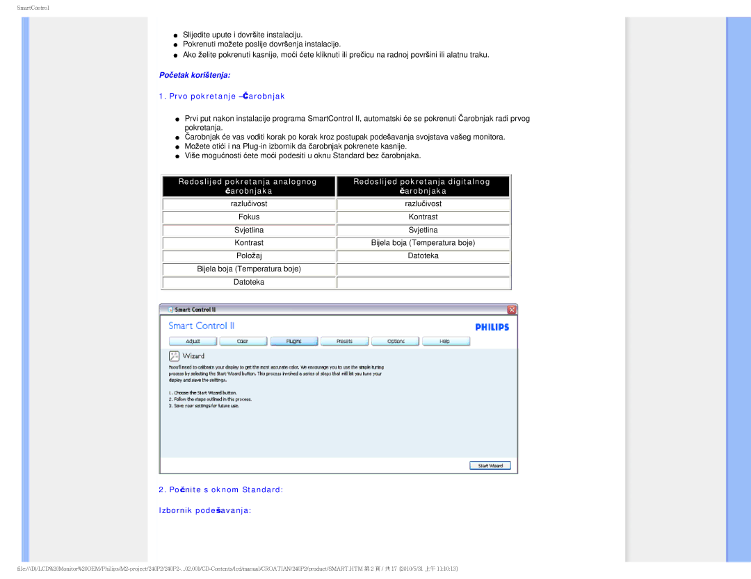 ProForm 240P2 manual Prvo pokretanje -Čarobnjak, Počnite s oknom Standard Izbornik podešavanja 