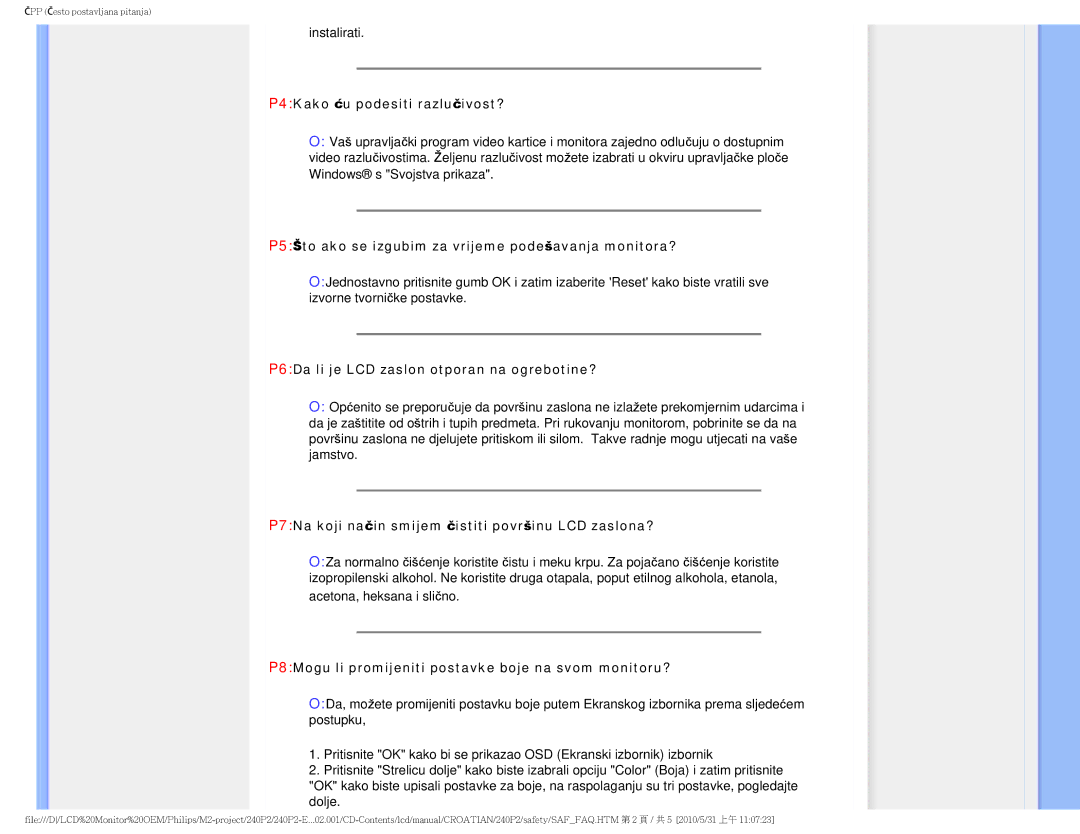 ProForm 240P2 manual P4Kako ću podesiti razlučivost?, P5Što ako se izgubim za vrijeme podešavanja monitora? 