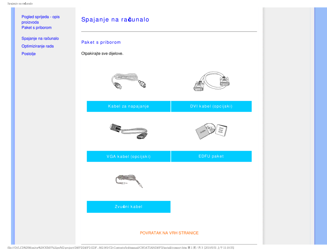 ProForm 240P2 manual Spajanje na računalo, Paket s priborom 