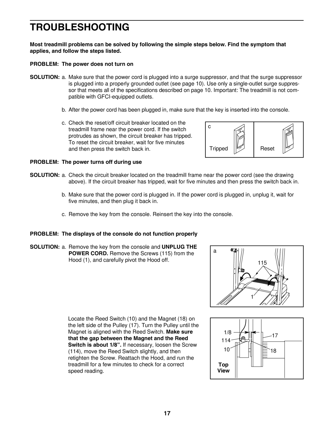 ProForm 29633.1 user manual Troubleshooting, Problem The power turns off during use, Top 