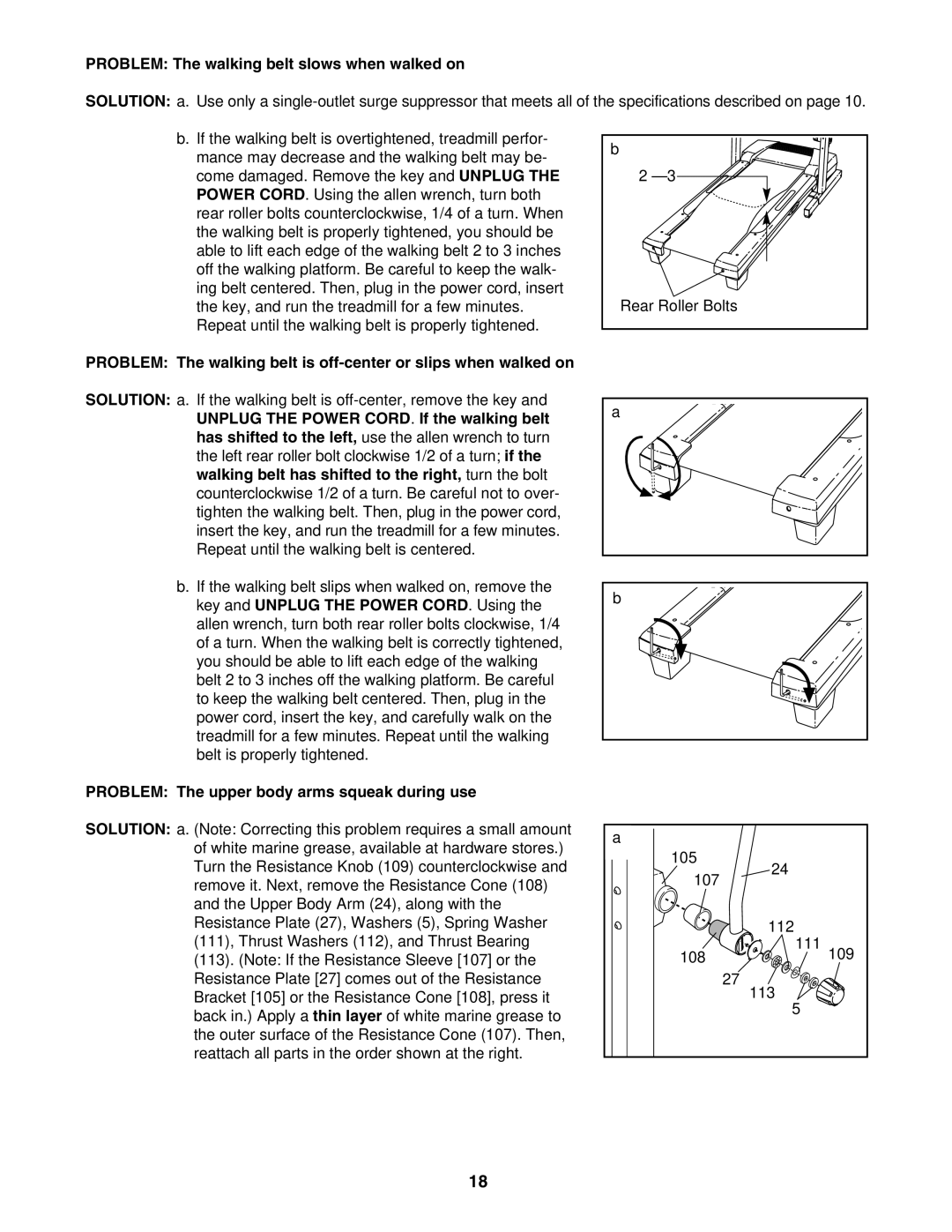 ProForm 29633.1 user manual Problem The walking belt slows when walked on, Problem The upper body arms squeak during use 