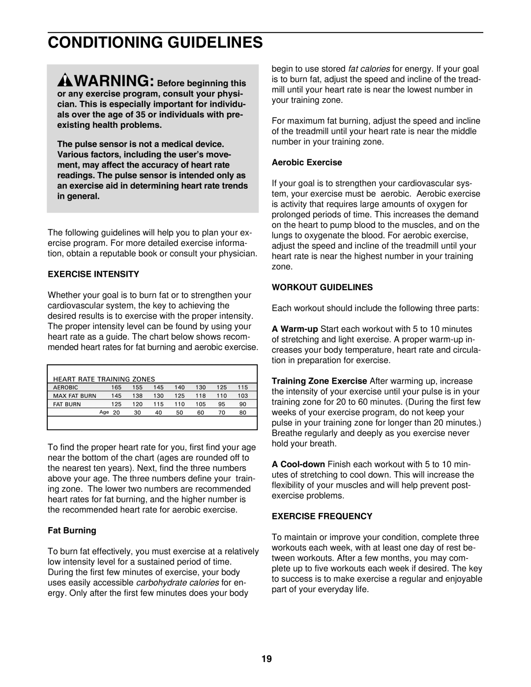 ProForm 29633.1 user manual Conditioning Guidelines, Exercise Intensity, Workout Guidelines, Exercise Frequency 