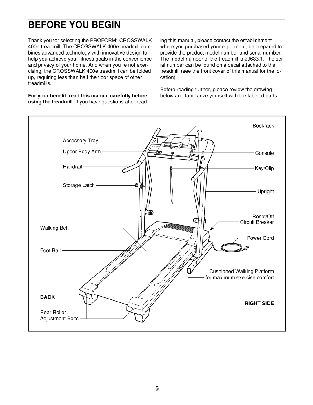 ProForm 29633.1 user manual Before YOU Begin, Back Right Side 