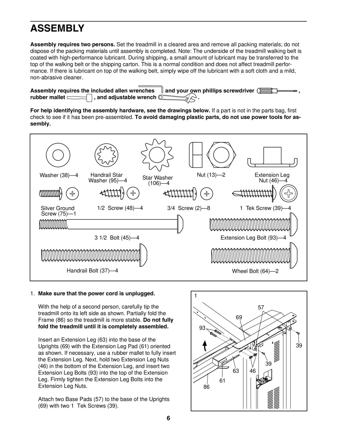 ProForm 29633.1 user manual Assembly, Make sure that the power cord is unplugged 