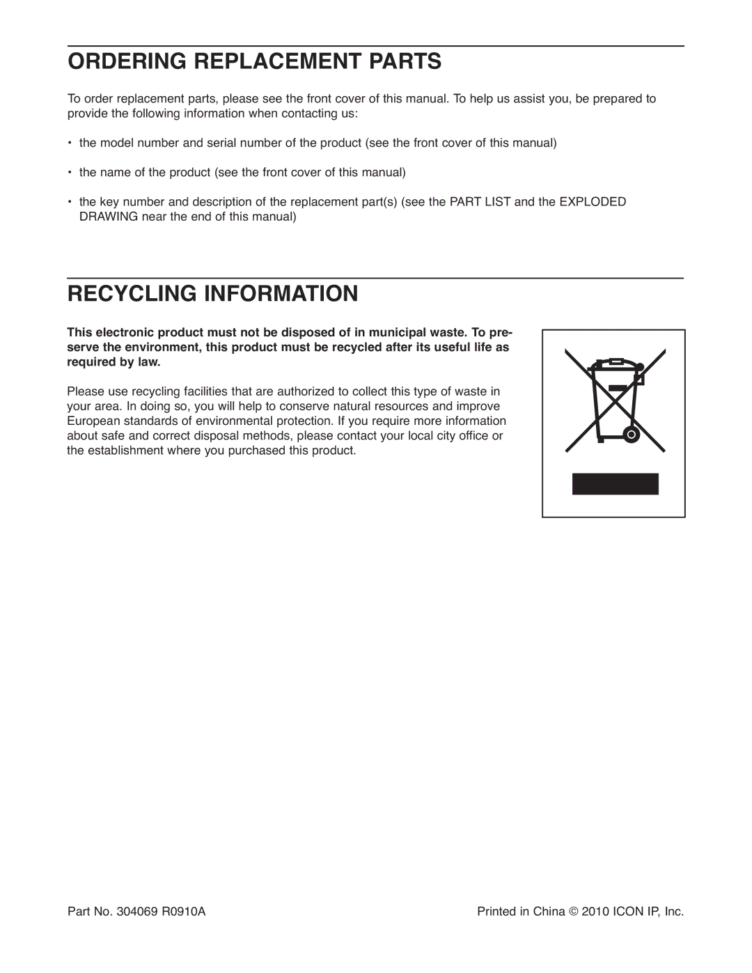 ProForm 300 ZLX user manual Ordering Replacement Parts, Recycling Information 