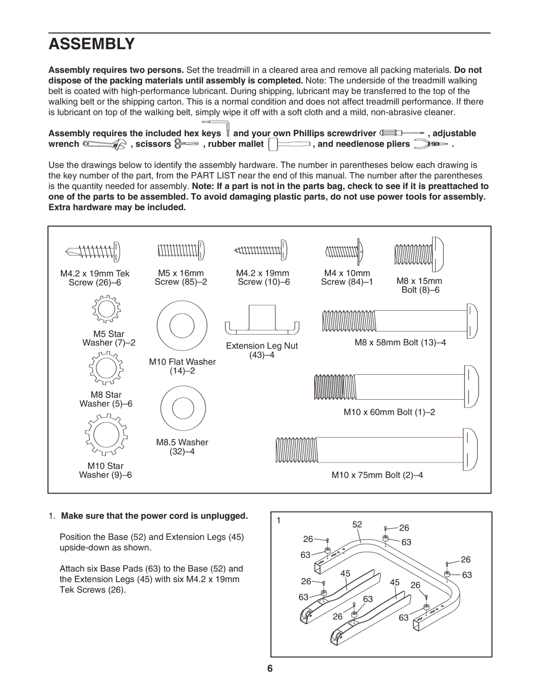 ProForm 30464.0 user manual Assembly, Make sure that the power cord is unplugged 