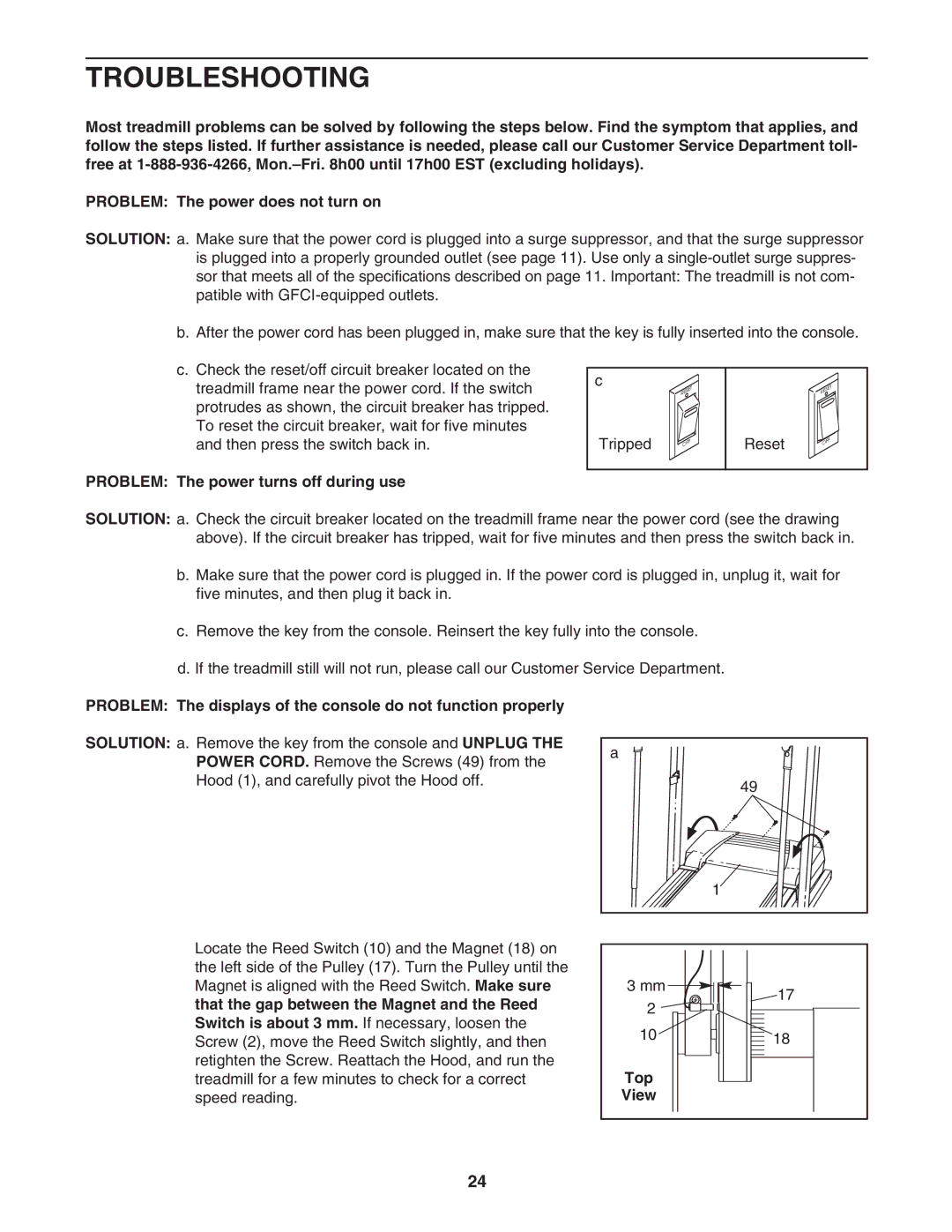 ProForm 30513.1 user manual Troubleshooting, Problem The power turns off during use, Top 