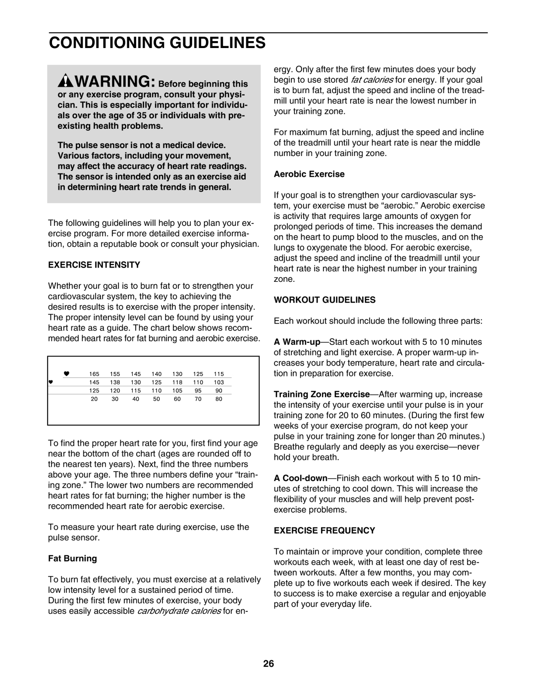 ProForm 30513.1 user manual Conditioning Guidelines, Exercise Intensity, Workout Guidelines, Exercise Frequency 