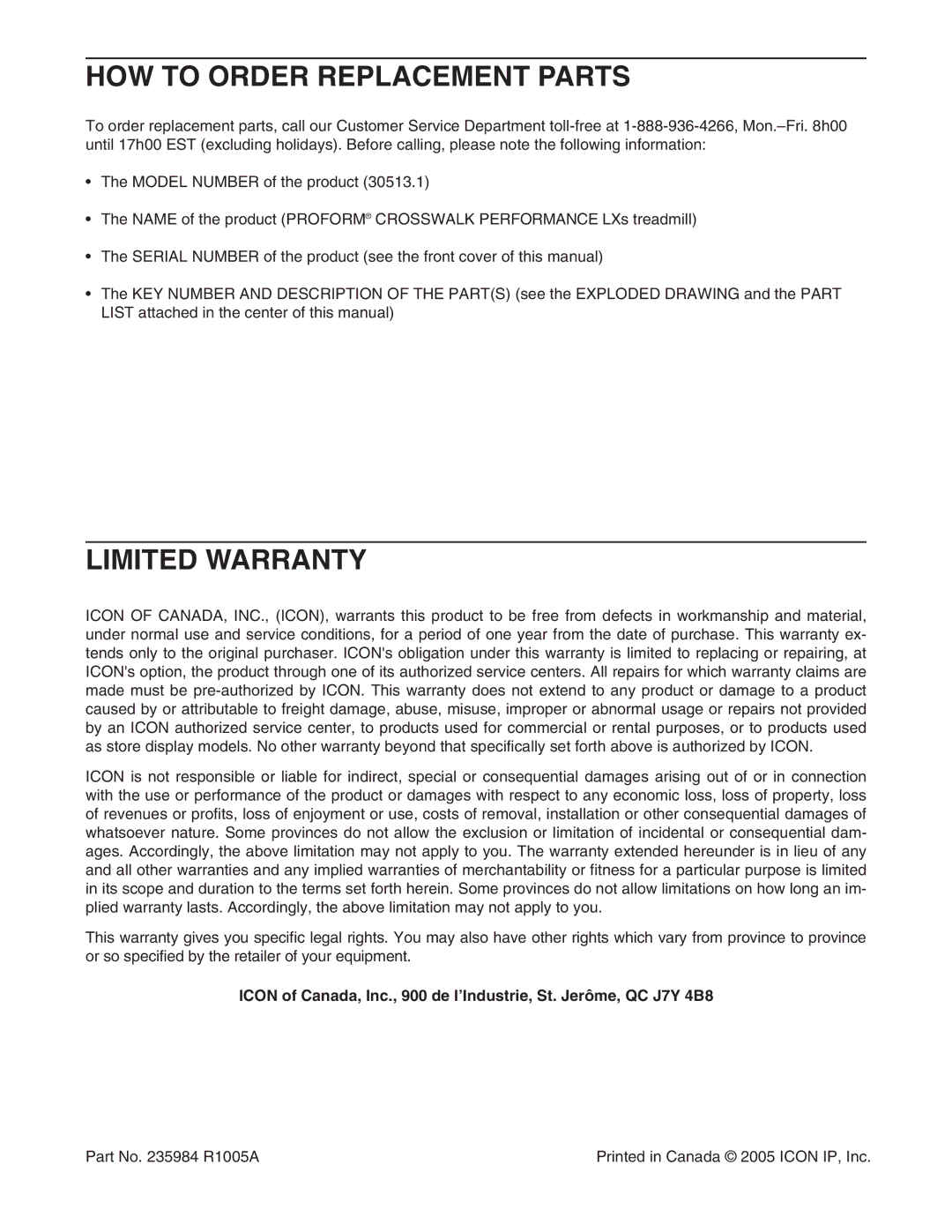 ProForm 30513.1 user manual HOW to Order Replacement Parts, Limited Warranty 