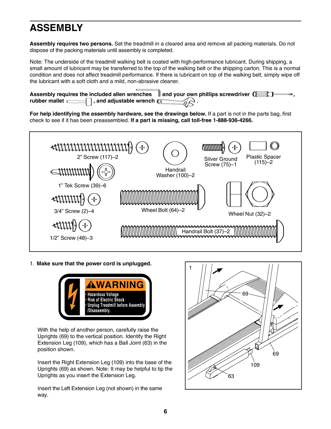 ProForm 30513.1 user manual Assembly, Make sure that the power cord is unplugged 