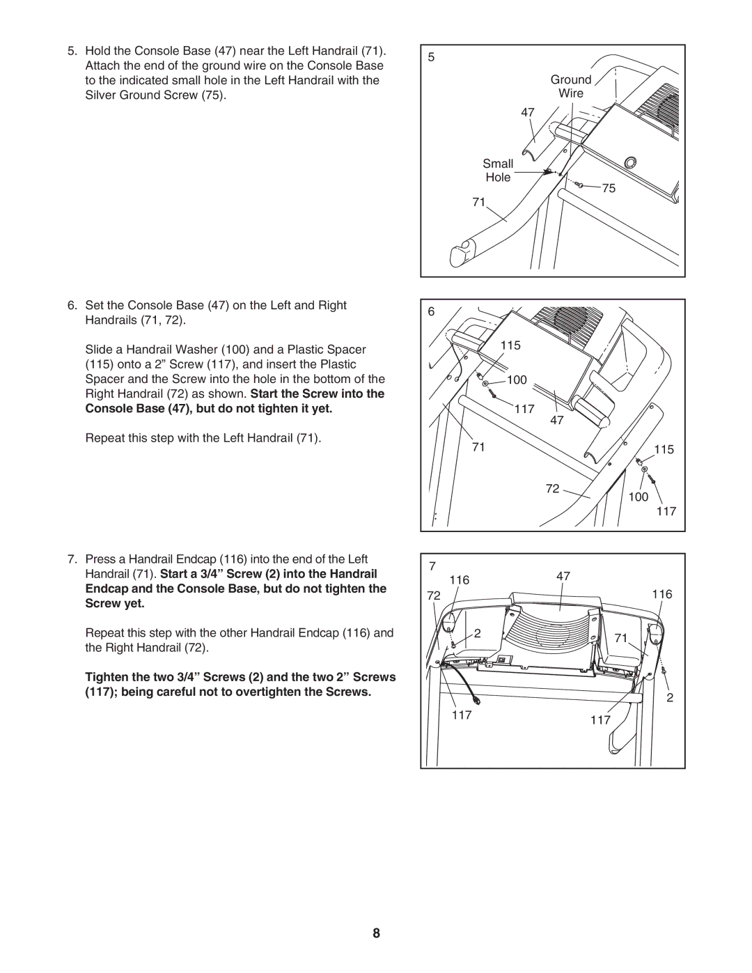 ProForm 30513.1 user manual Console Base 47, but do not tighten it yet, Repeat this step with the Left Handrail 