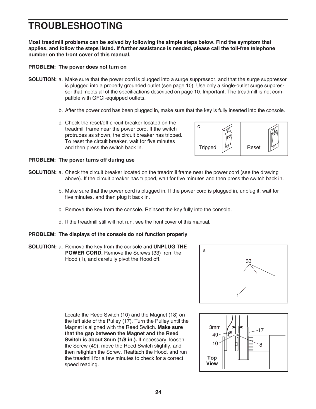 ProForm 30514.0 user manual Troubleshooting, Problem The power turns off during use, Top 