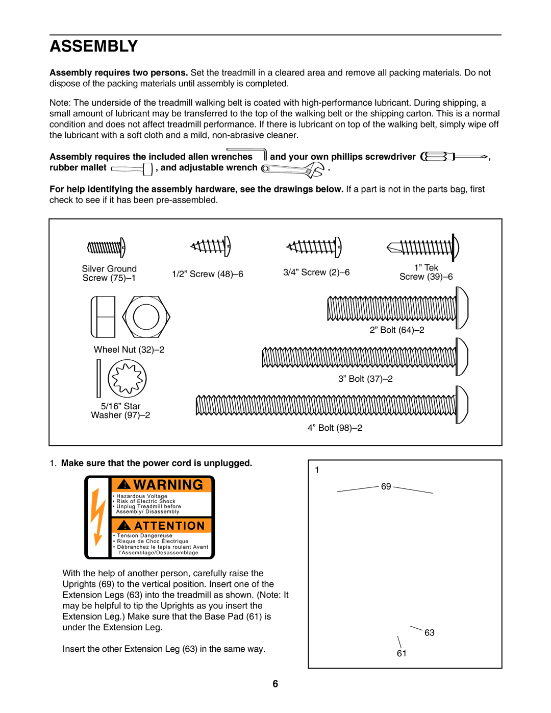 ProForm 30514.0 user manual Assembly, Make sure that the power cord is unplugged 