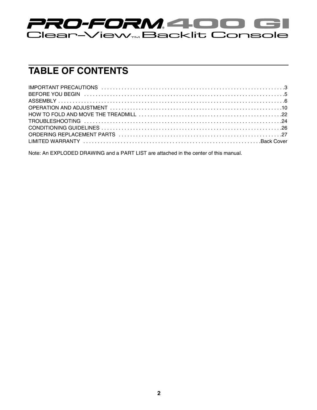 ProForm 30514.0 user manual Table Of Contents 