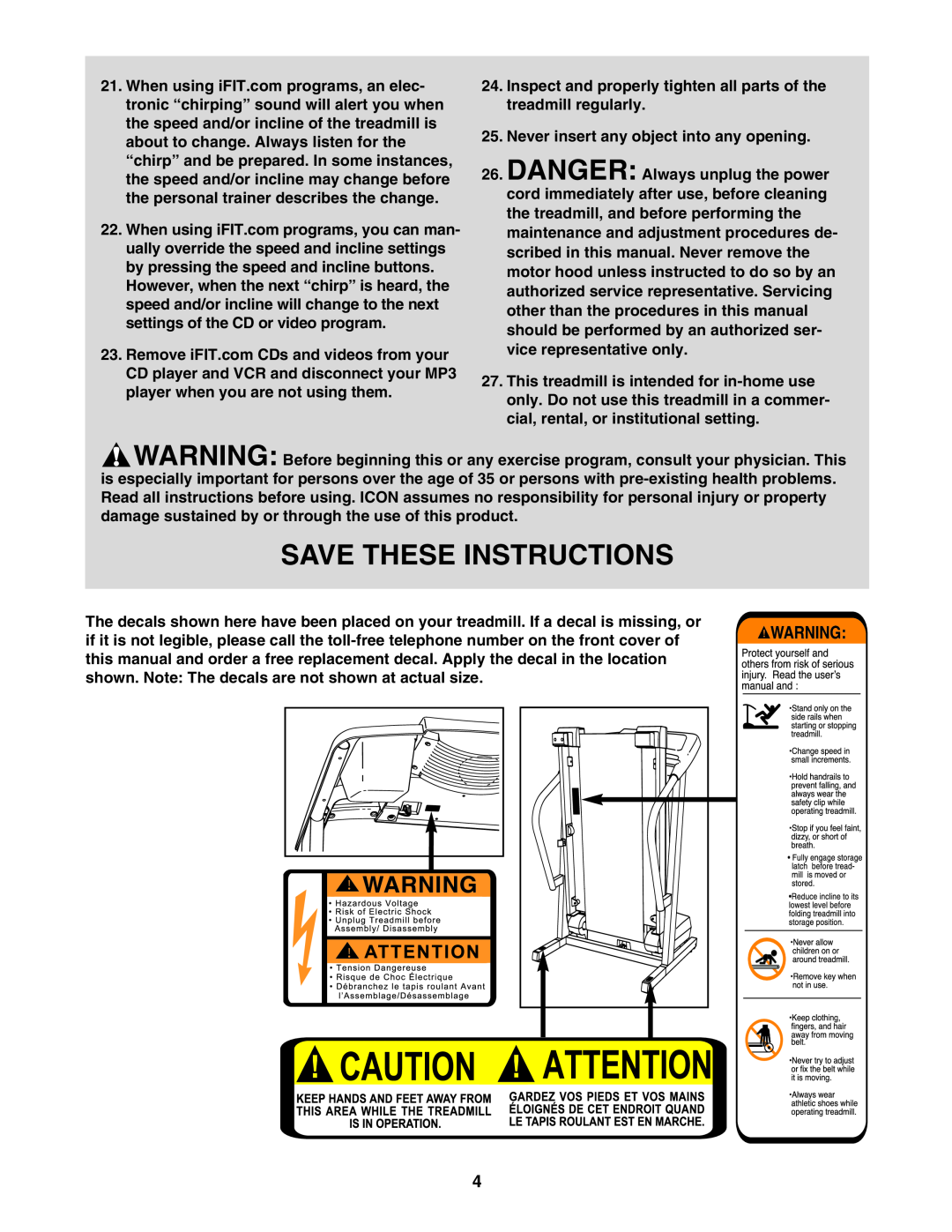 ProForm 30514.0 user manual Save These Instructions, Inspect and properly tighten all parts of the treadmill regularly 