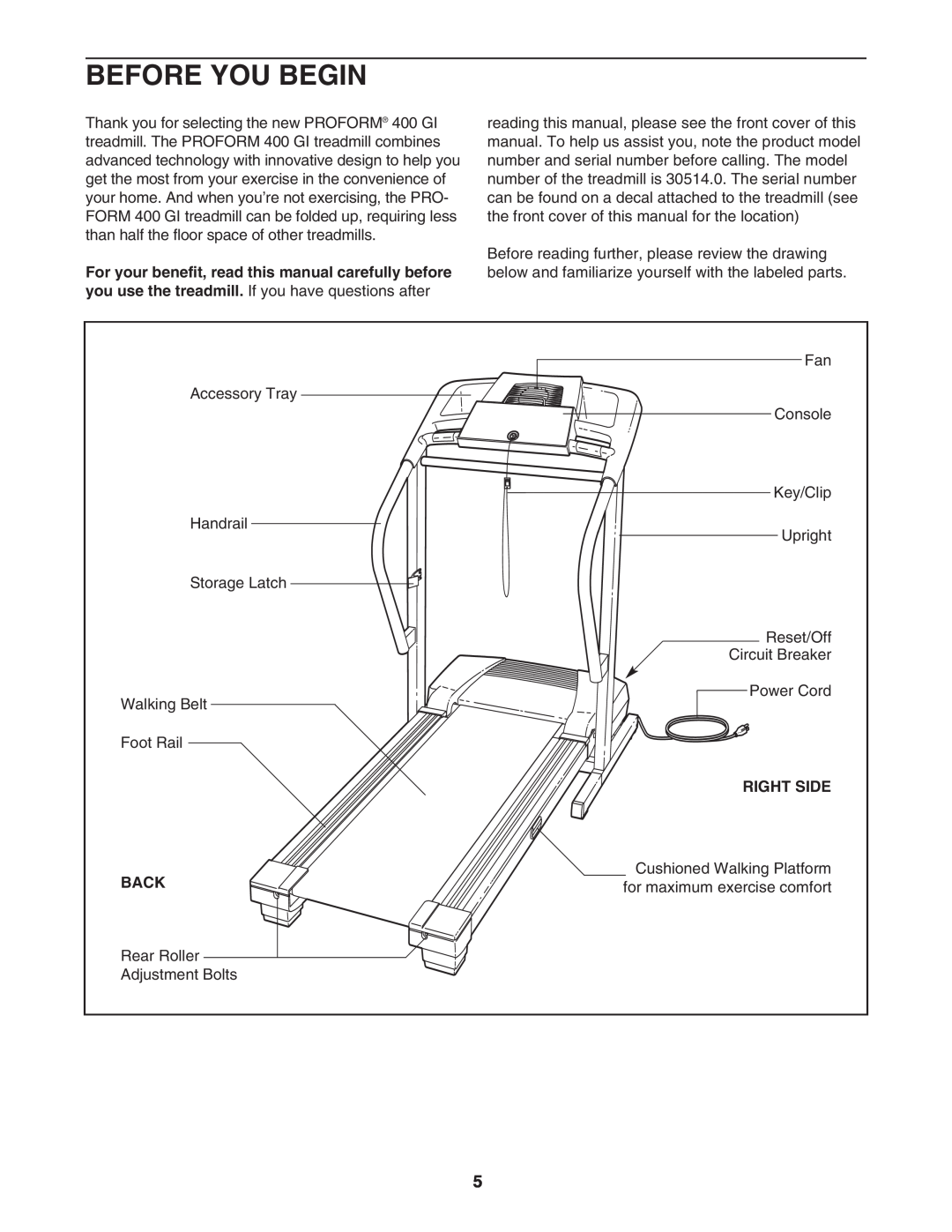 ProForm 30514.0 user manual Before You Begin, Right Side, Back 