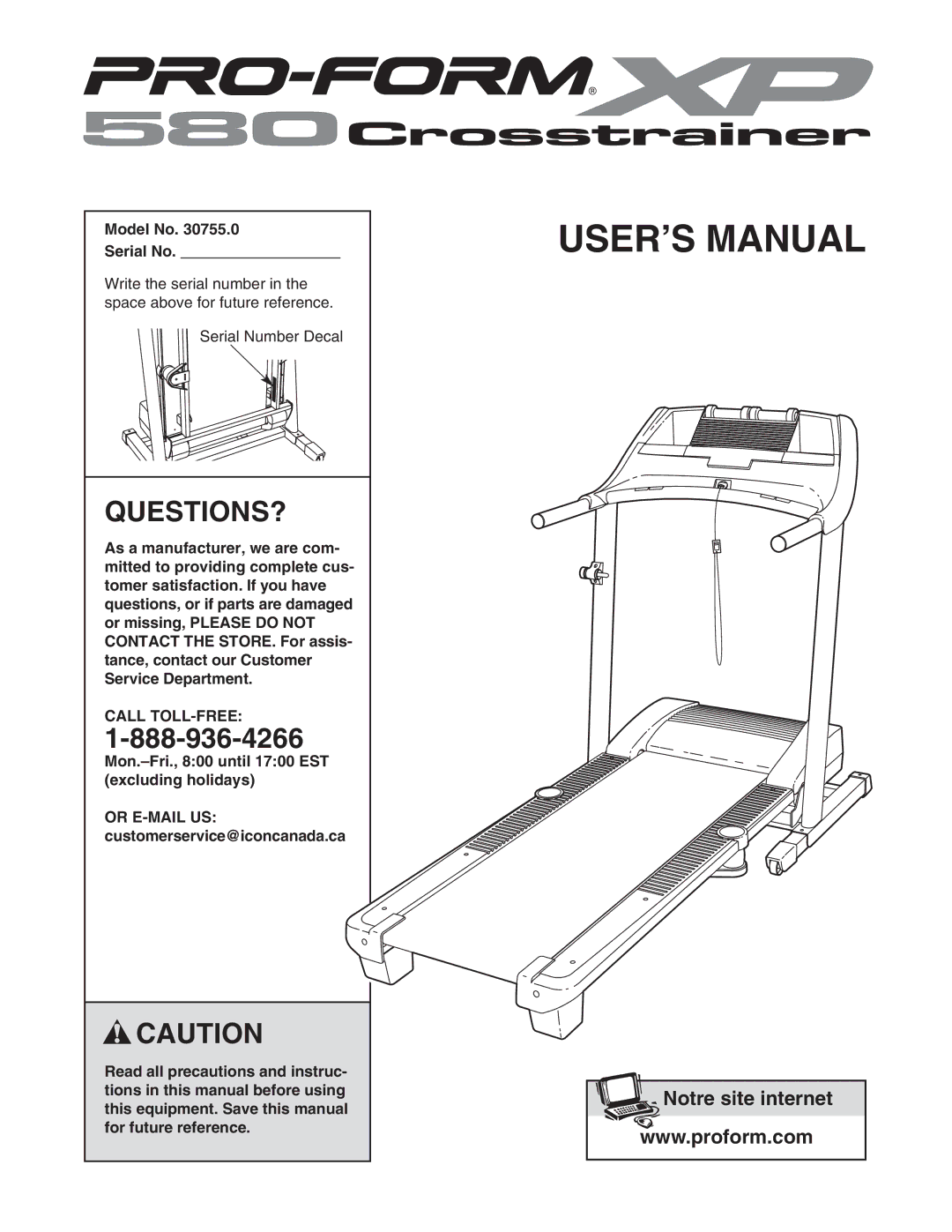 ProForm 30755.0 user manual Questions?, Model No Serial No, Call TOLL-FREE 