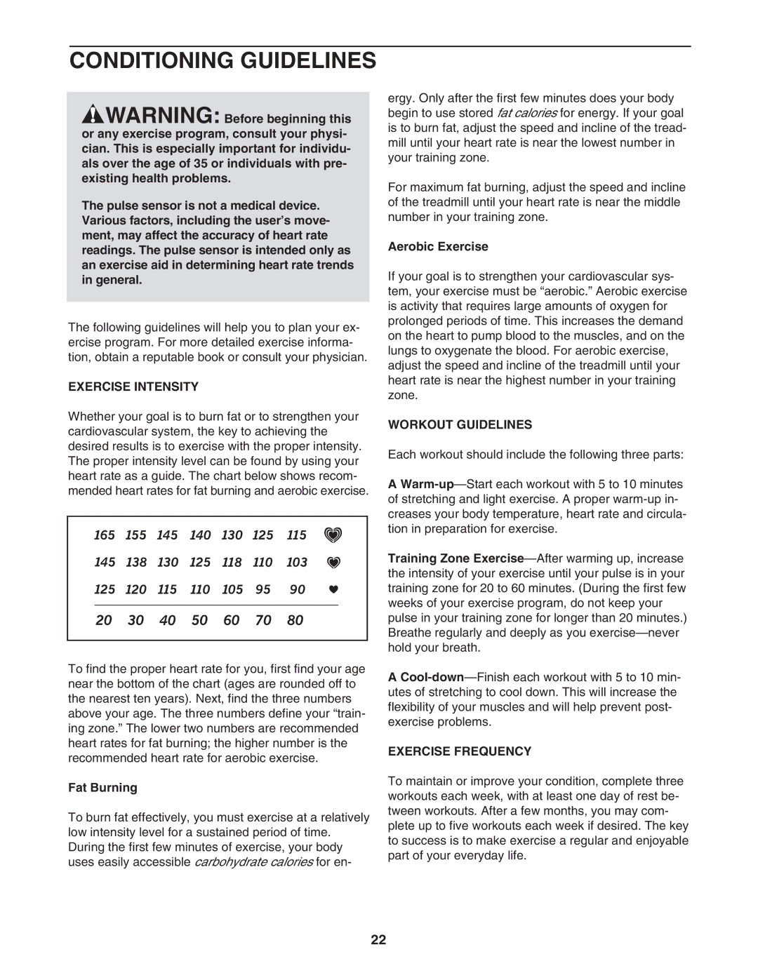 ProForm 30777.0 user manual Conditioning Guidelines, Exercise Intensity, Workout Guidelines, Exercise Frequency 