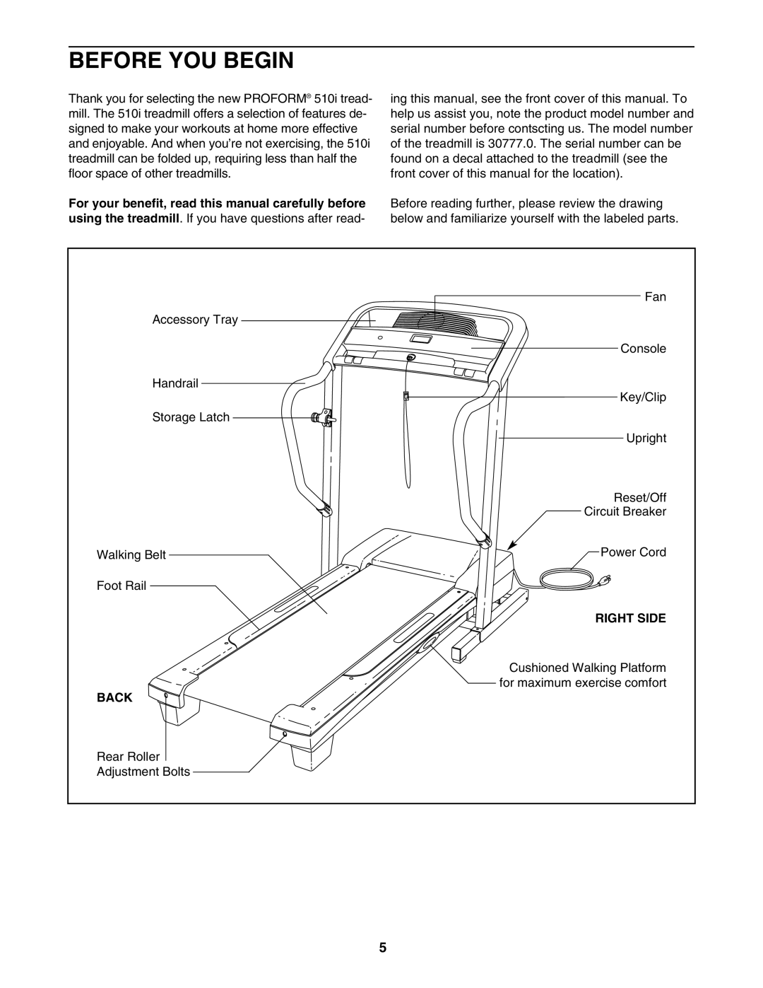 ProForm 30777.0 user manual Before YOU Begin, Right Side, Back 