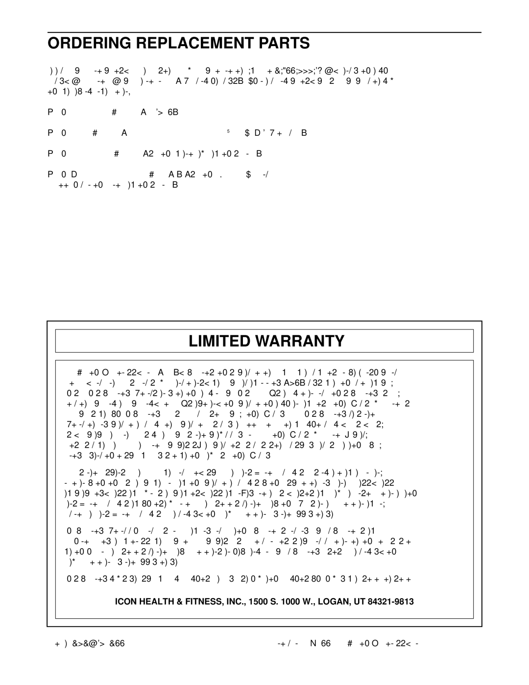 ProForm 320x user manual Ordering Replacement Parts, Limited Warranty, Icon Health & FITNESS, INC., 1500 S W., LOGAN, UT 