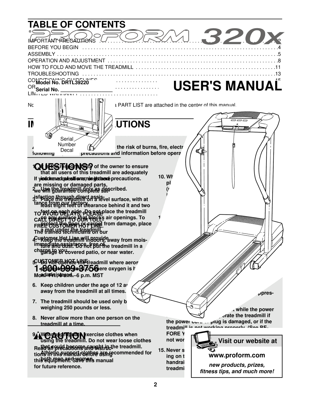 ProForm 320x user manual Table of Contents, Important Precautions 