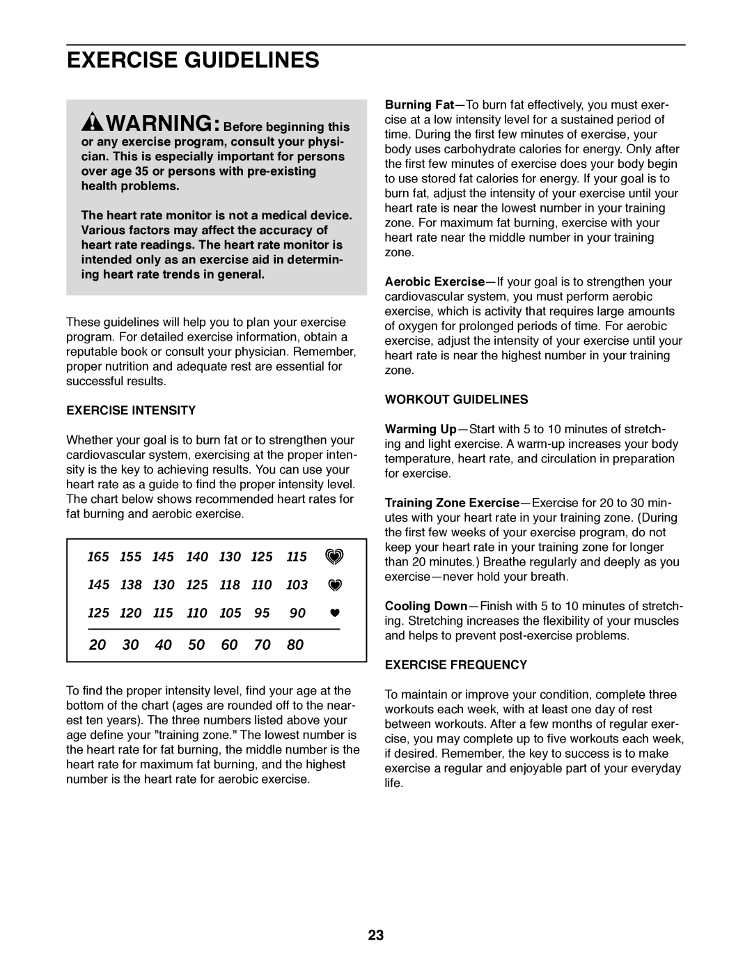 ProForm 397 user manual Exercise Guidelines, Exercise Intensity, Workout Guidelines, Exercise Frequency 