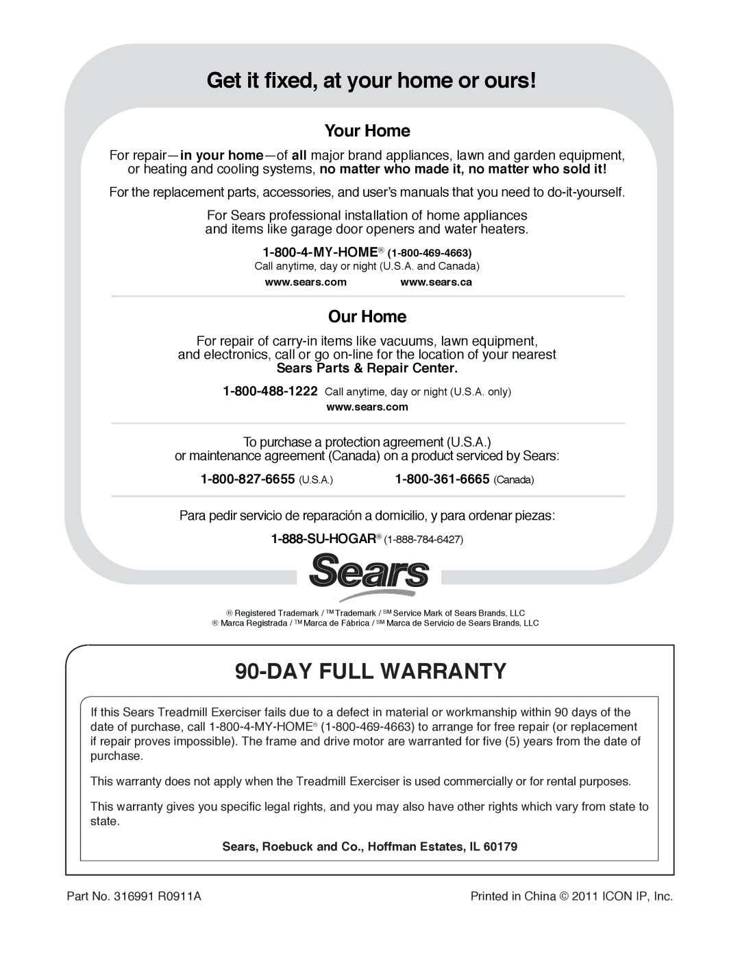 ProForm 397 user manual DAY Full Warranty, Sears, Roebuck and Co., Hoffman Estates, IL 