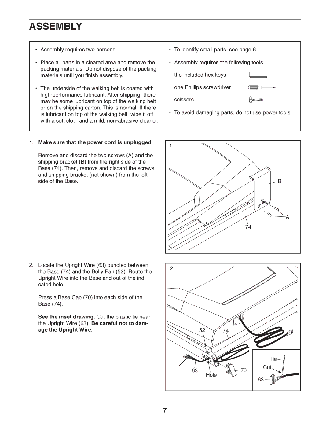 ProForm 397 user manual Assembly, Make sure that the power cord is unplugged, Age the Upright Wire 