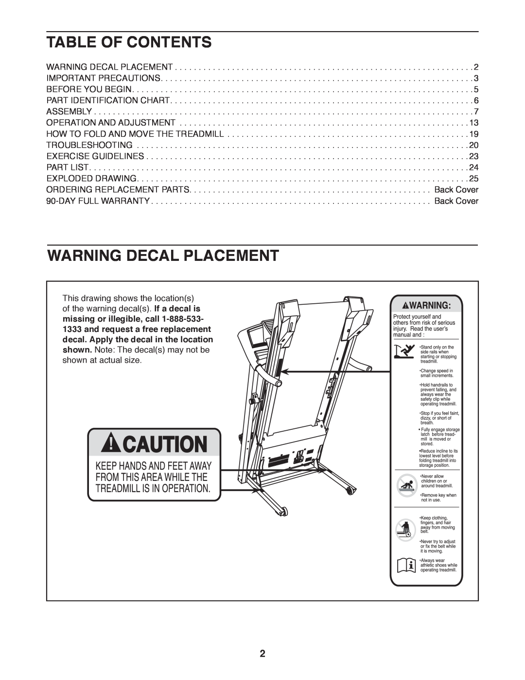 ProForm 397 user manual Table Of Contents, Warning Decal Placement 