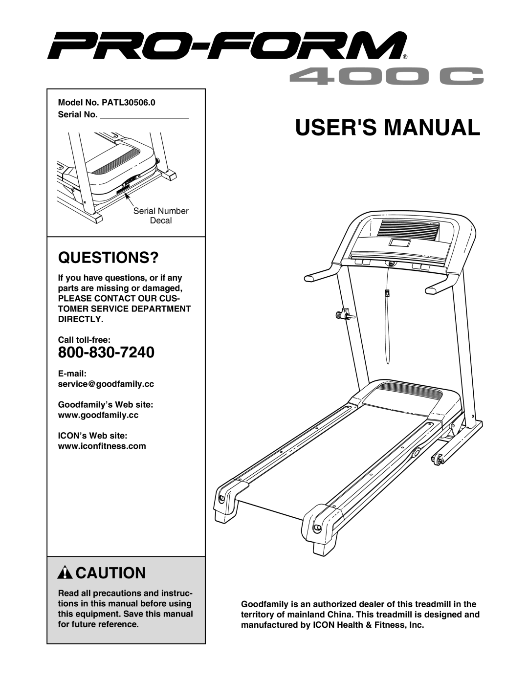 ProForm 400C user manual Questions?, Model No. PATL30506.0 Serial No 