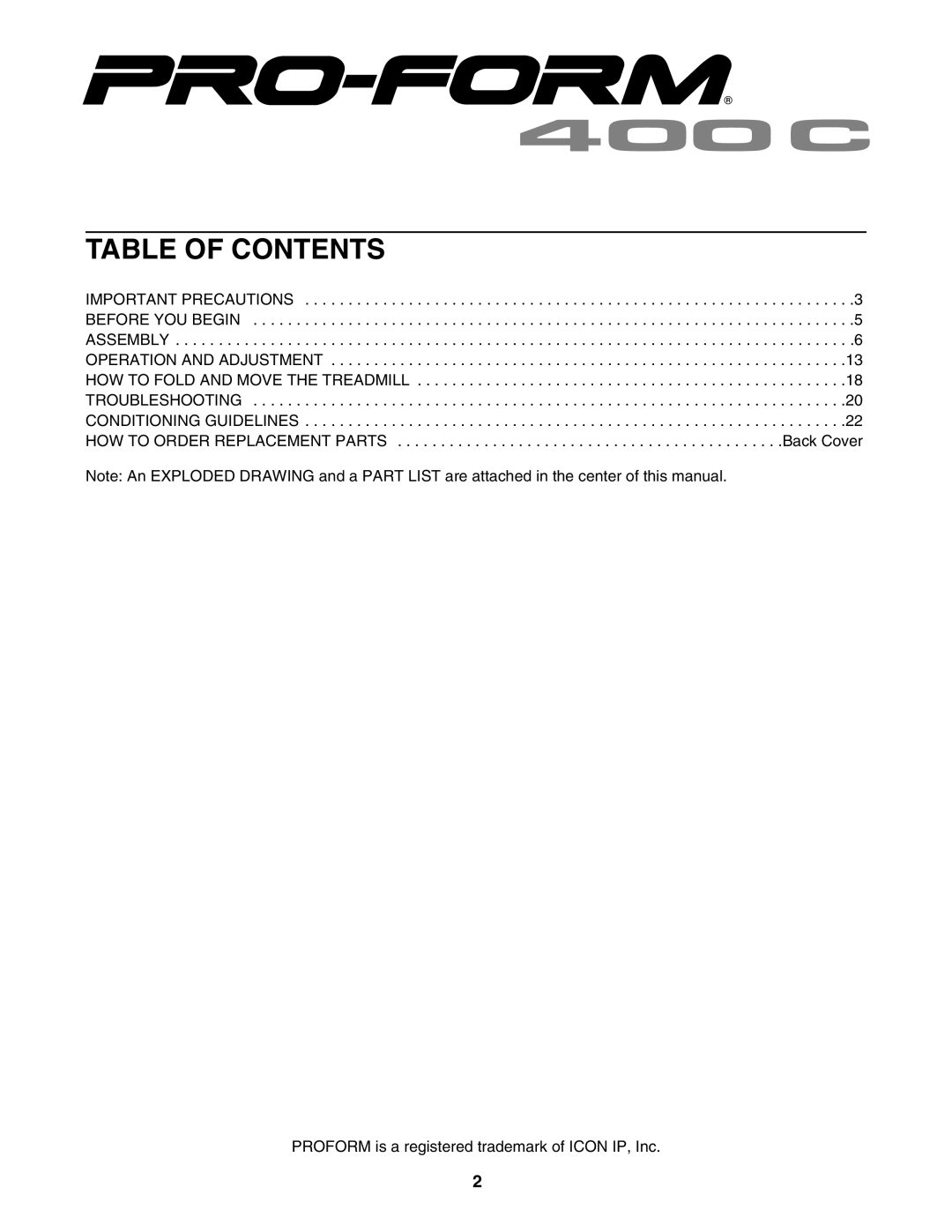 ProForm 400C user manual Table of Contents 