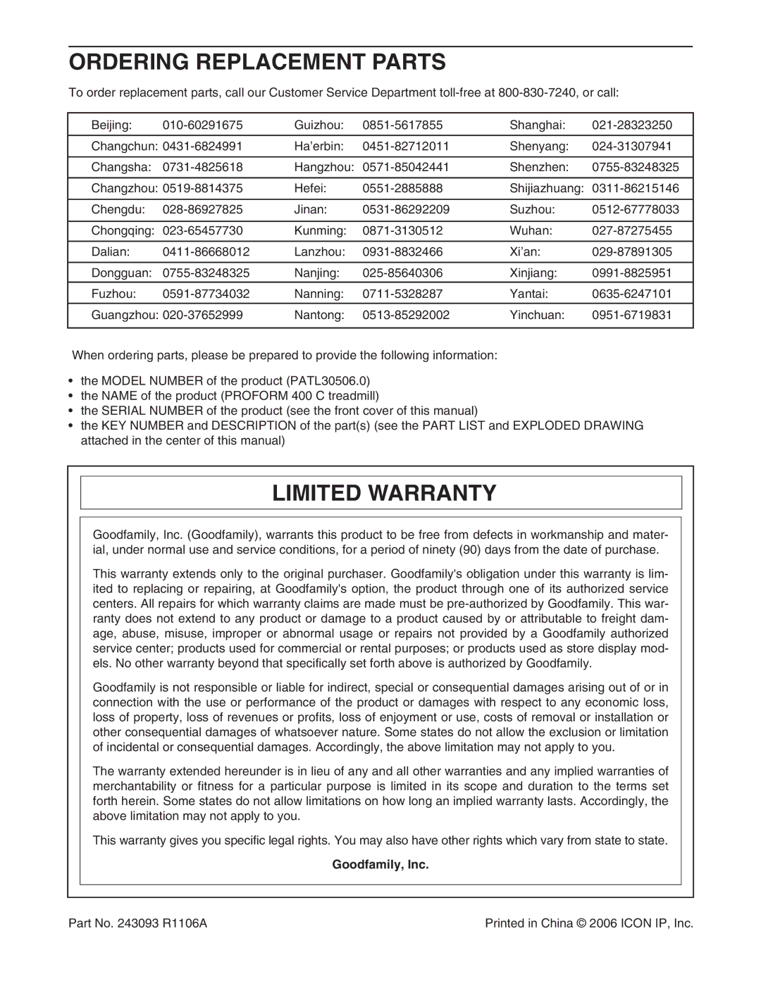 ProForm 400C user manual Ordering Replacement Parts, Limited Warranty, Goodfamily, Inc 