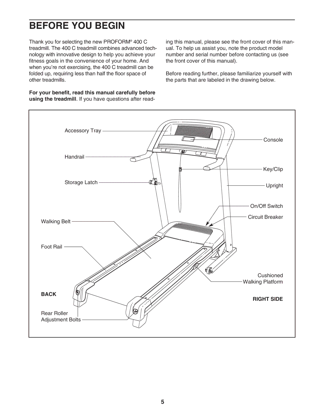 ProForm 400C user manual Before YOU Begin, Back Right Side 