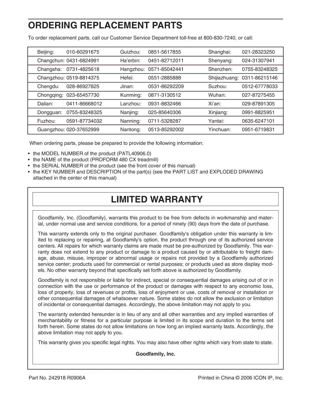 ProForm 480 CX user manual Ordering Replacement Parts, Limited Warranty, Goodfamily, Inc 