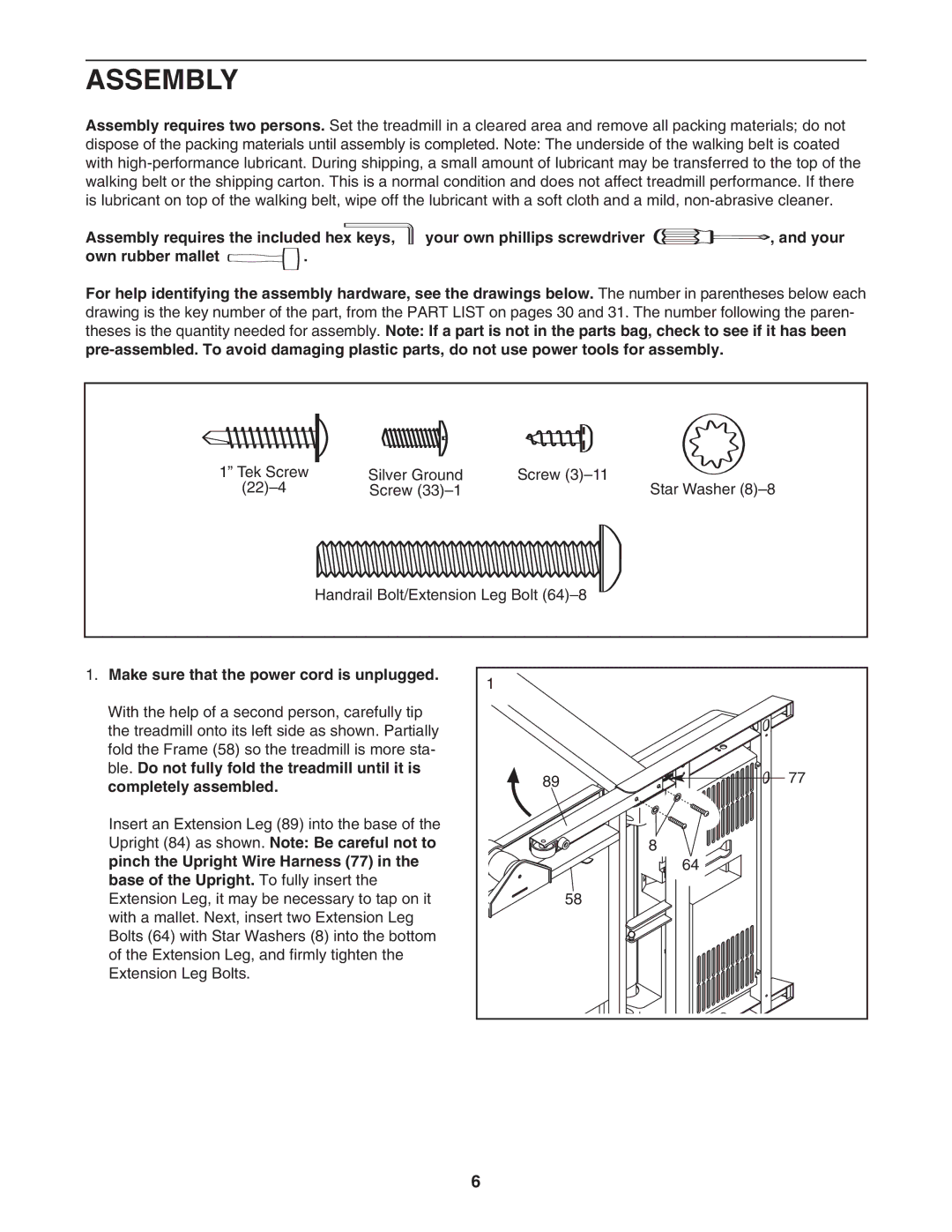 ProForm 480 CX user manual Assembly, Make sure that the power cord is unplugged 