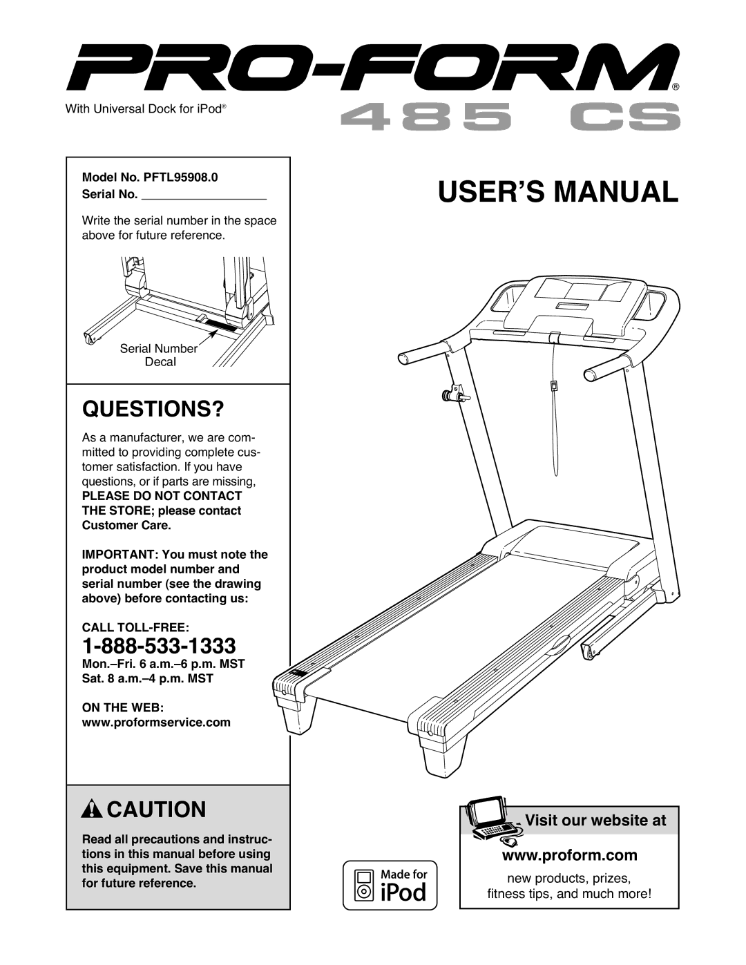 ProForm 485 CS manual Questions?, Model No. PFTL95908.0 Serial No, Please do not Contact, On the WEB 