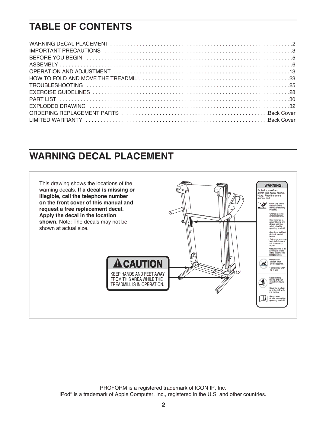 ProForm 485 CS manual Table of Contents 