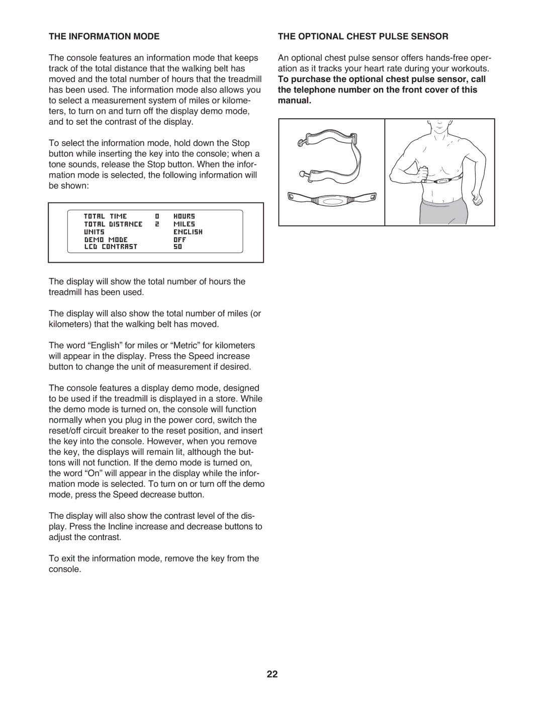 ProForm 485 CS manual Information Mode, Optional Chest Pulse Sensor 