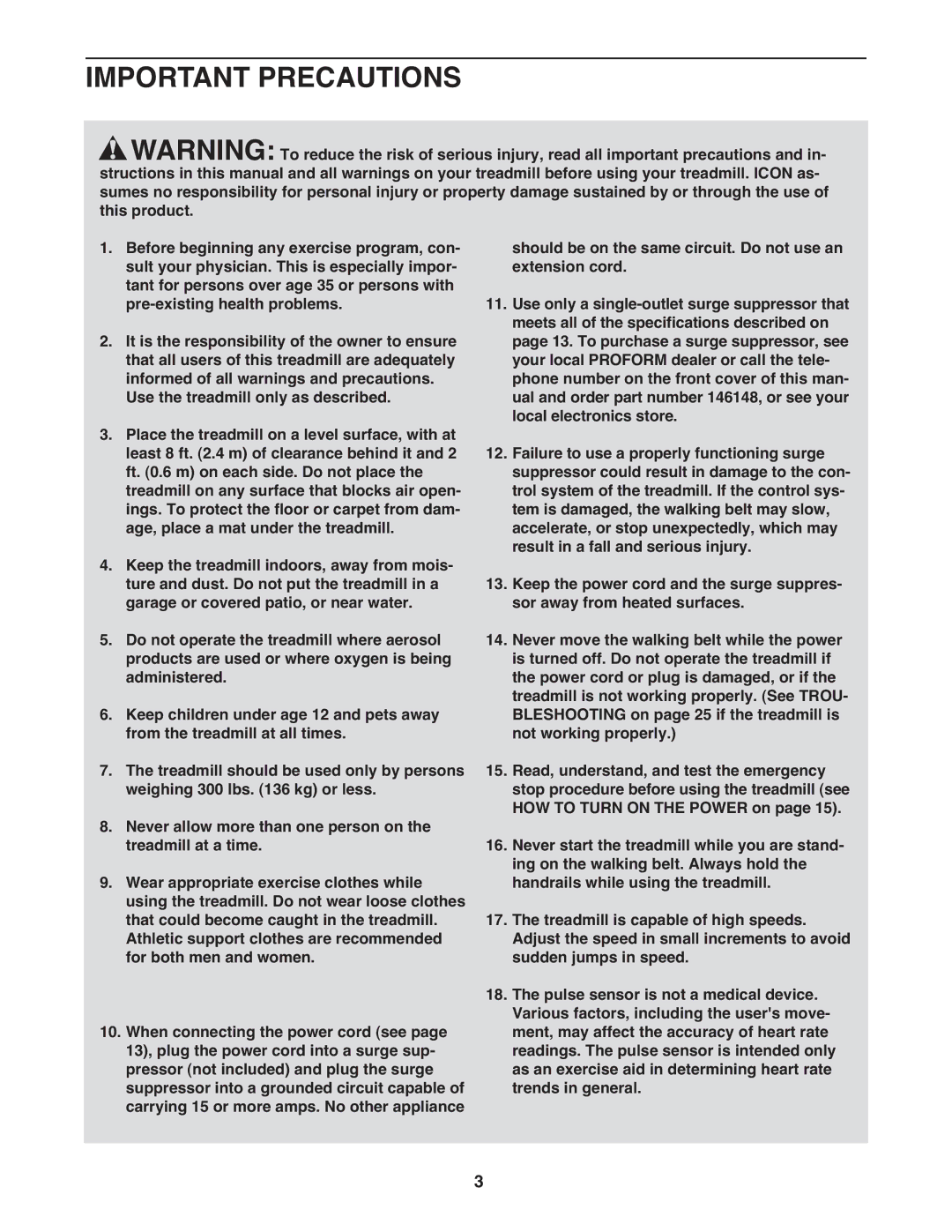 ProForm 485 CS manual Important Precautions, Pulse sensor is not a medical device 