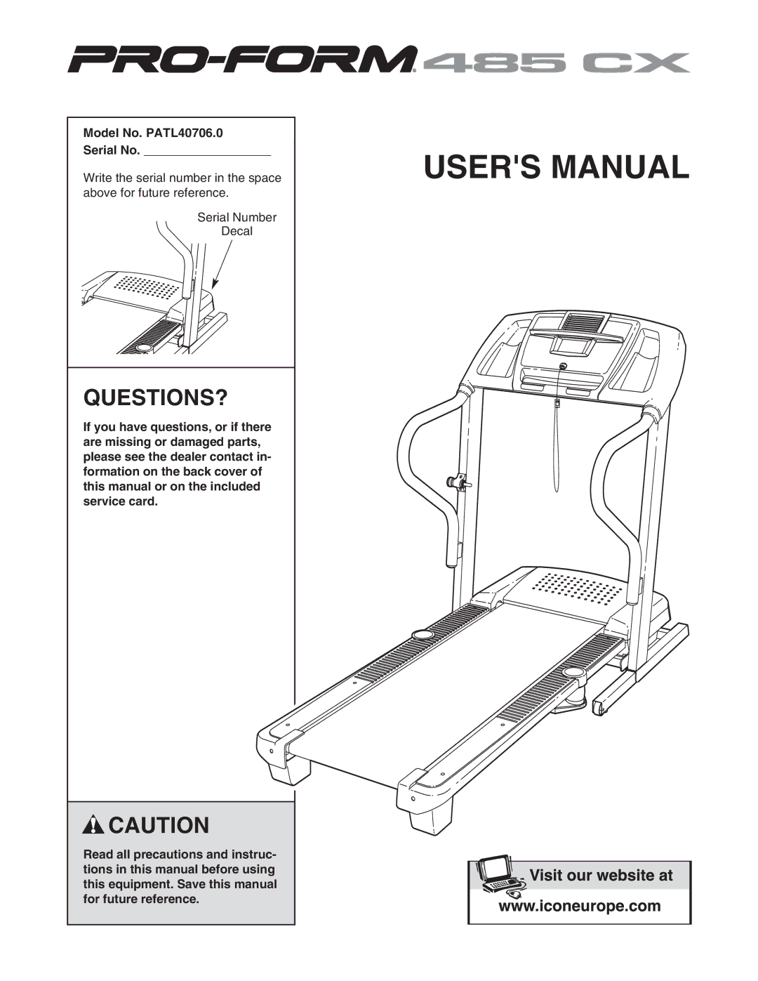 ProForm 485CX user manual Questions?, Model No. PATL40706.0 Serial No 