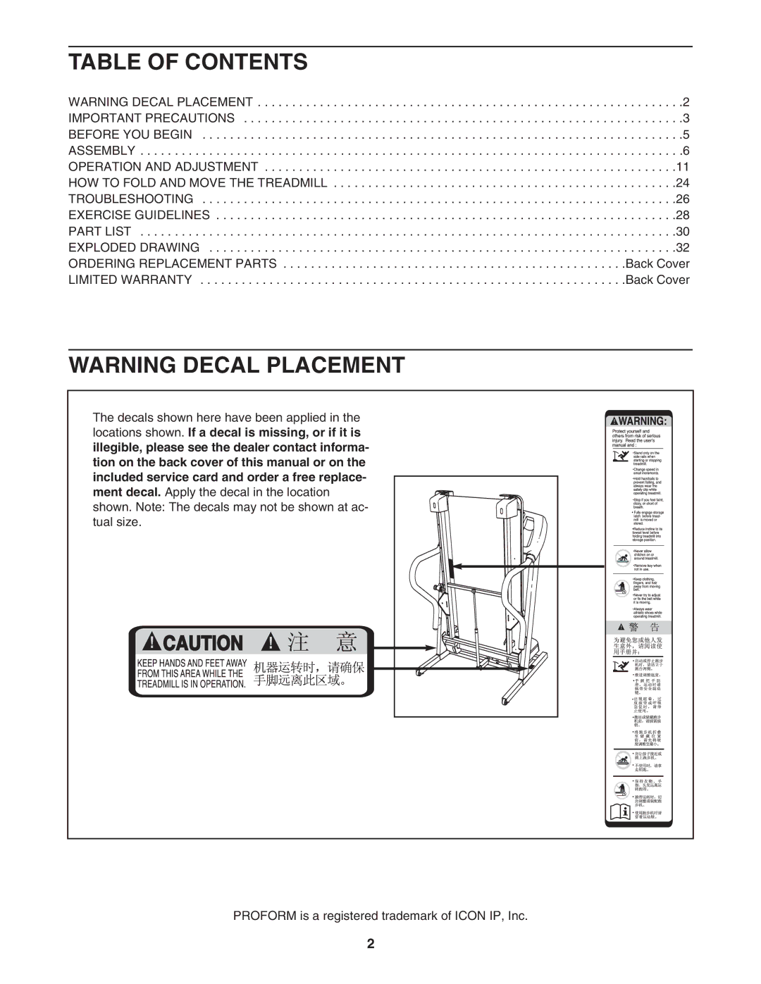 ProForm 485CX user manual Table of Contents 