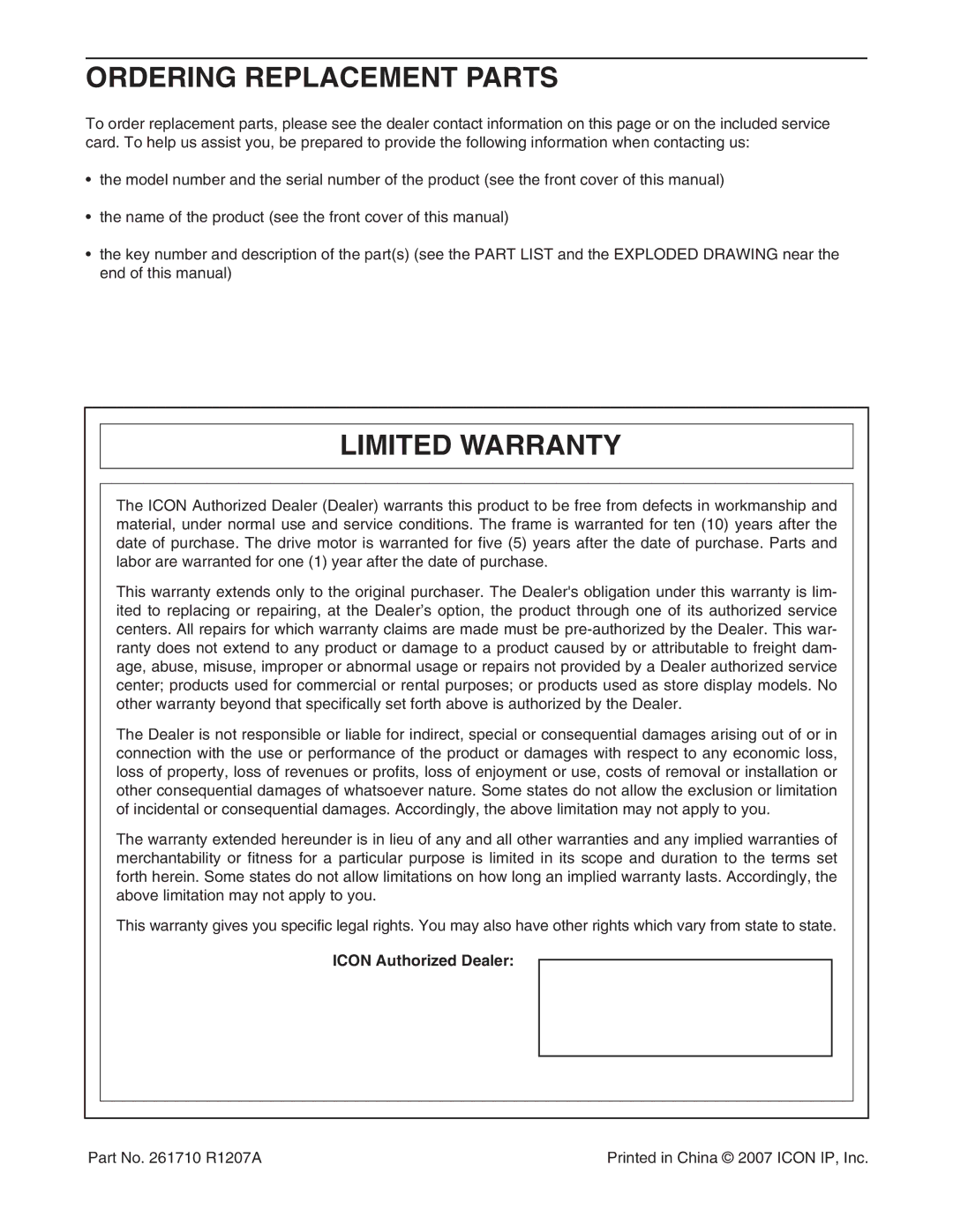 ProForm 485CX user manual Ordering Replacement Parts, Limited Warranty, Icon Authorized Dealer 