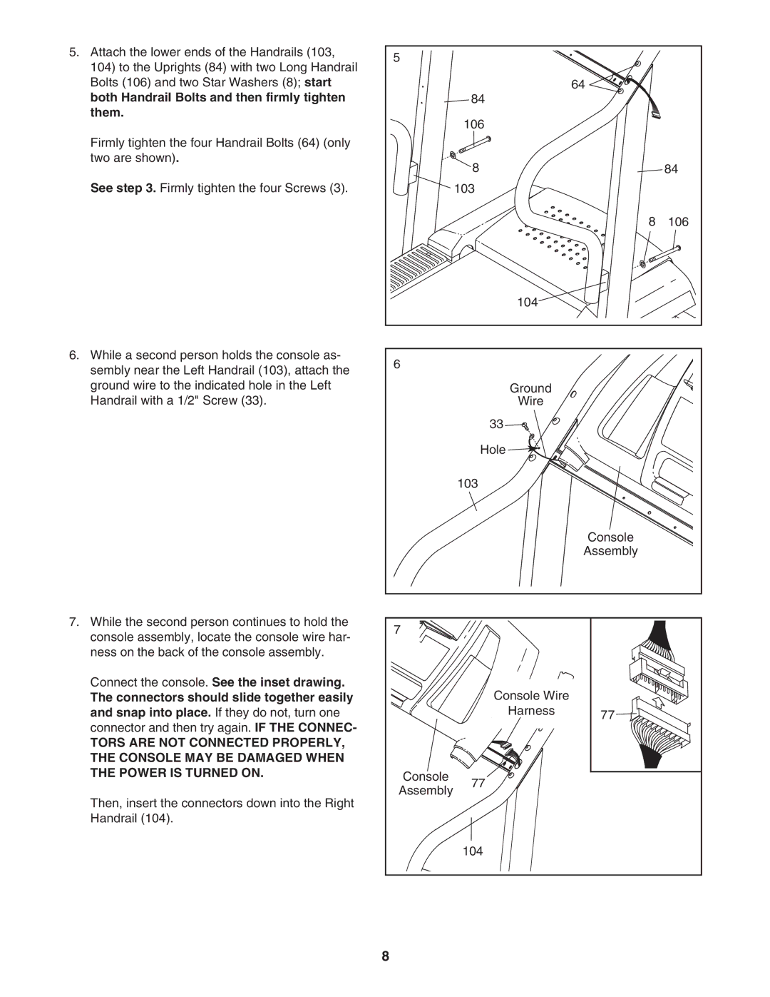 ProForm 485CX user manual Both Handrail Bolts and then firmly tighten Them, Connect the console. See the inset drawing 