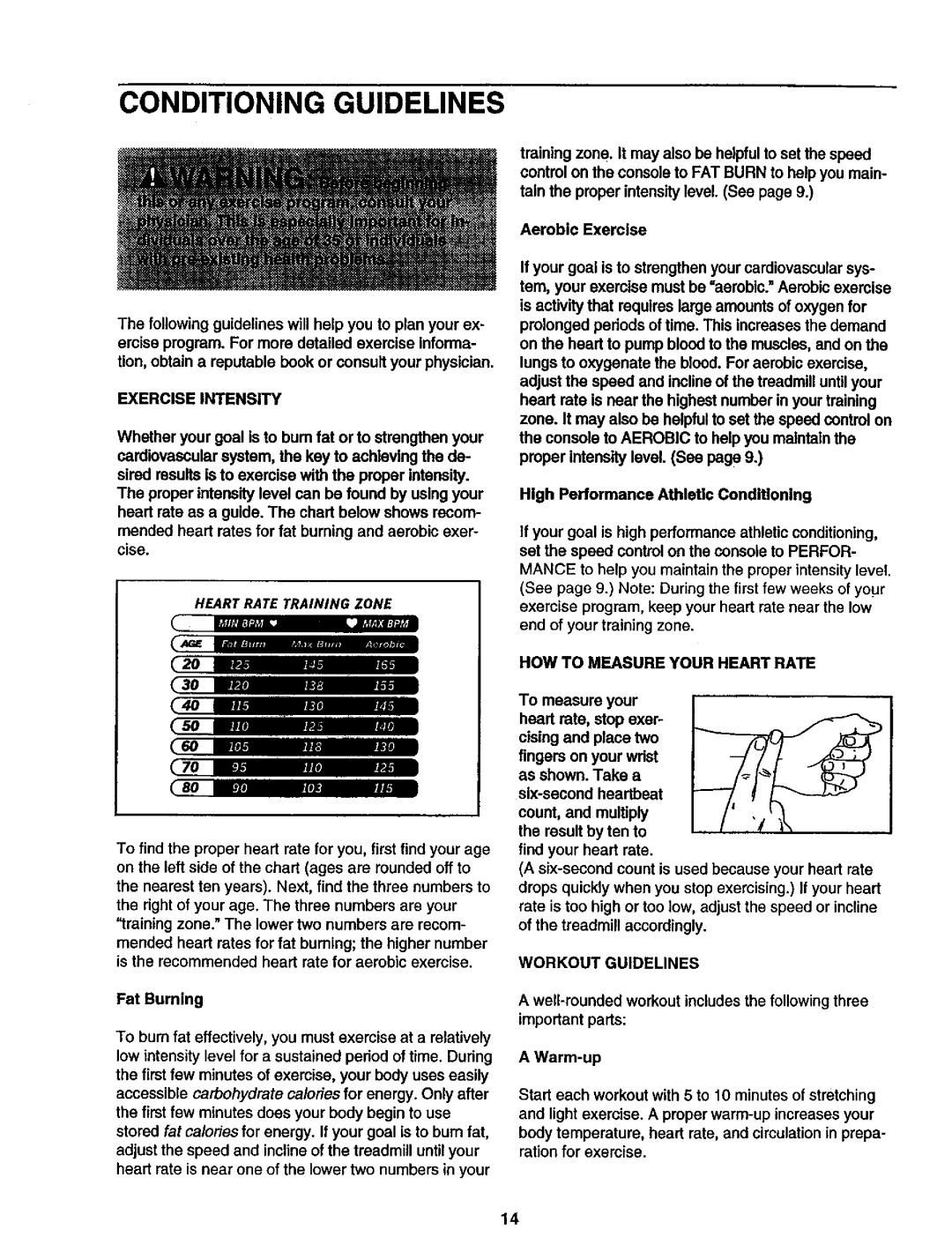 ProForm 495 LS user manual Conditioning Guidelines, Exercise Intensity, HOW to Measure Your Heart Rate, Workout Guidelines 