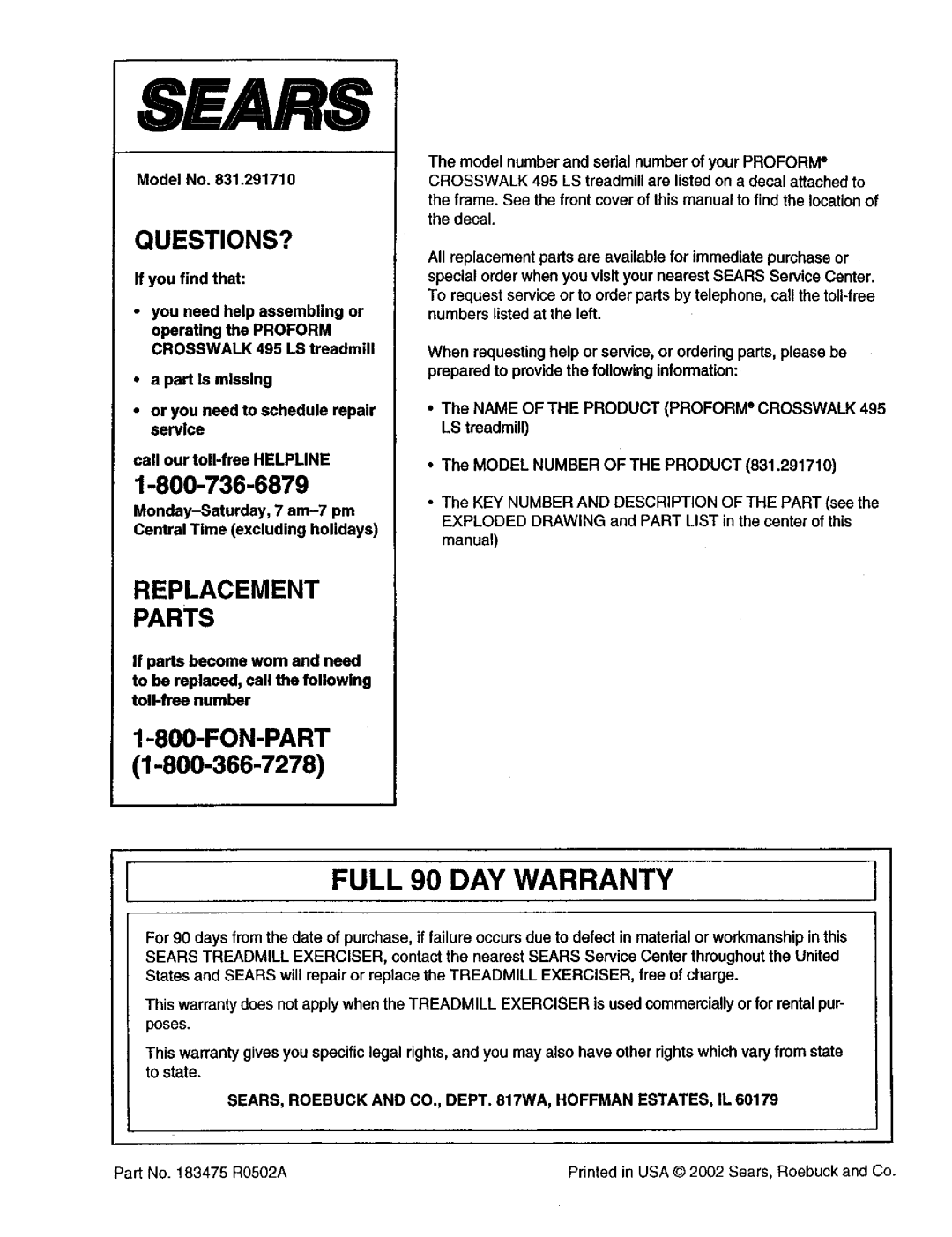 ProForm 495 LS user manual Full 90 DAY Warranty, SEARS, Roebuck and CO., Dept WA, Hoffman ESTATES, IL 