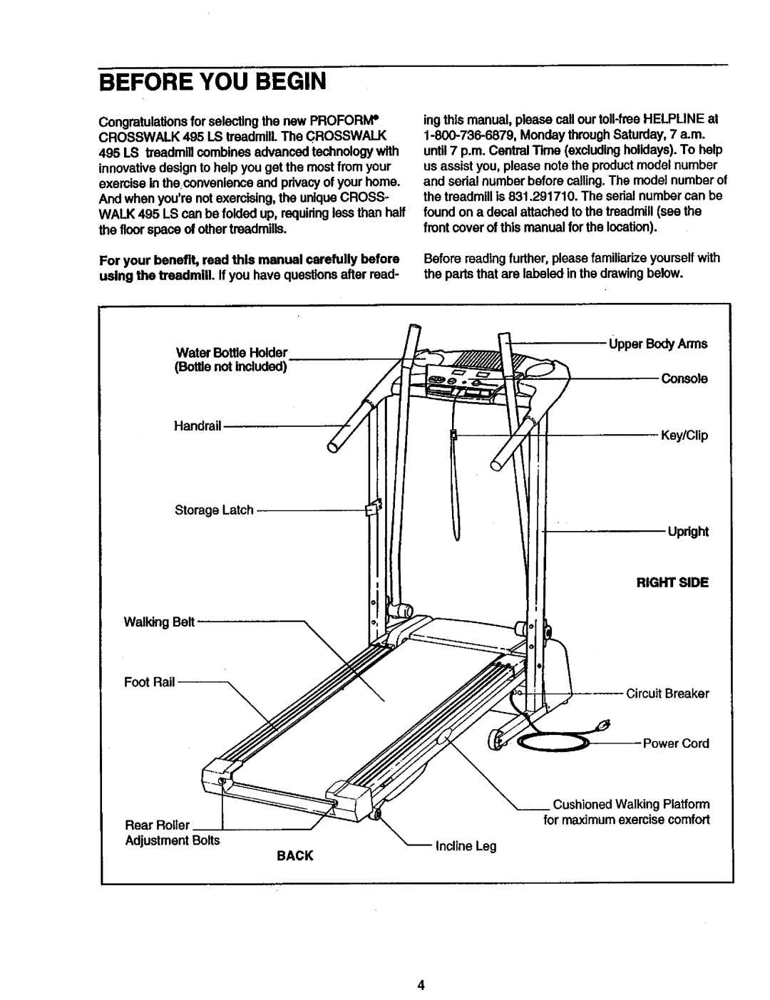 ProForm 495 LS user manual Before YOU Begin, Right Side, Back 