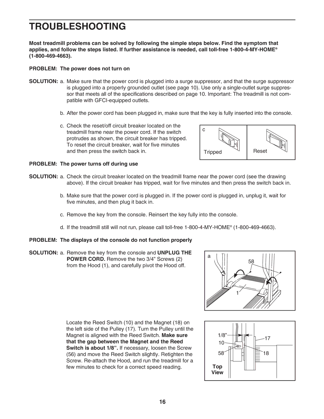 ProForm 505s user manual Troubleshooting, Problem The power turns off during use, Top 